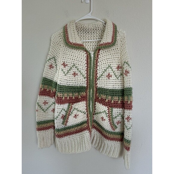 Vintage Hand Knit Wool Zip Up Pastel Cardigan Cottagecore Granniecore Sweater OS - Picture 1 of 8